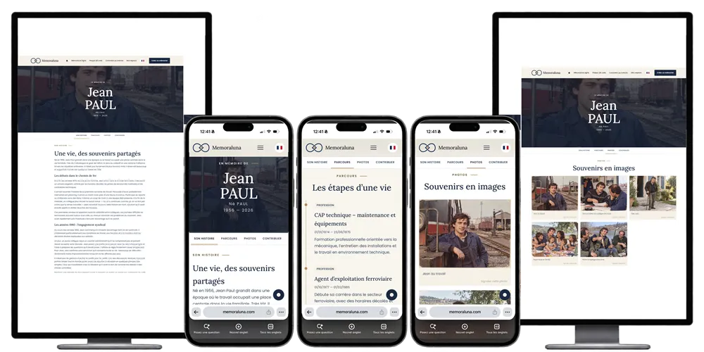 Mémorial numérique Memoraluna affiché sur ordinateur et sur smartphone