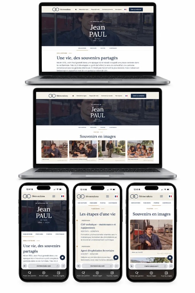 Le mémorial en ligne Memoraluna affiché sur un ordinateur et sur un téléphone.